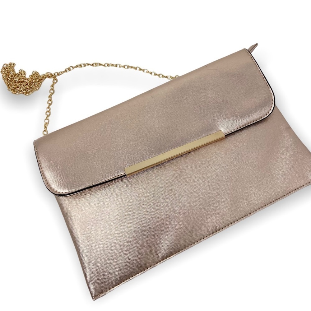 Charlotte Russe Rose Gold Metallic Shoulder Bag/Clutch with Gold Chain